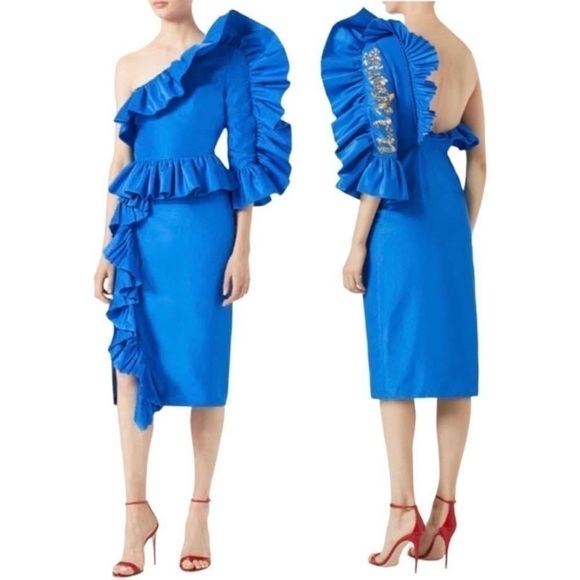 GUCCI Blue One-shoulder sequin-embellished ruffled silk RUNWAY MIDI Dress NEW - Picture 10 of 16